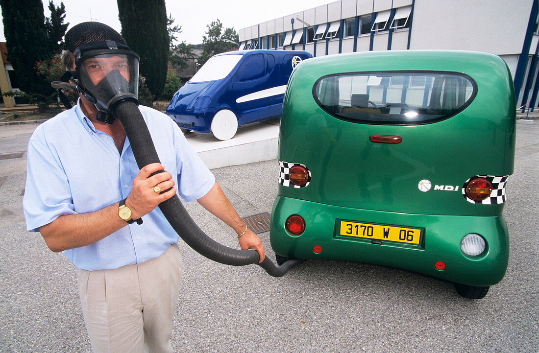 Man demonstrating non-polluting air car