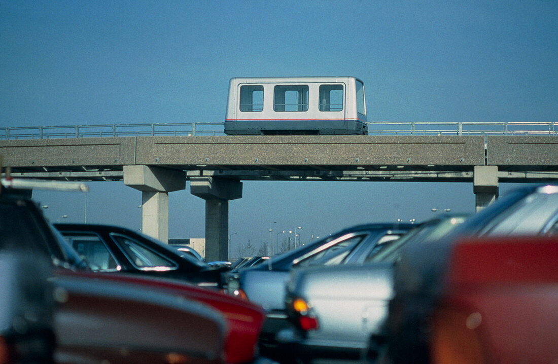 Maglev railcar on section of elevated track