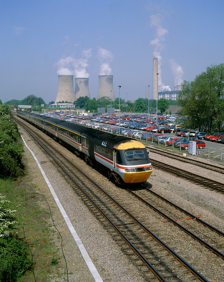 125 train passing car park & Didcot power station