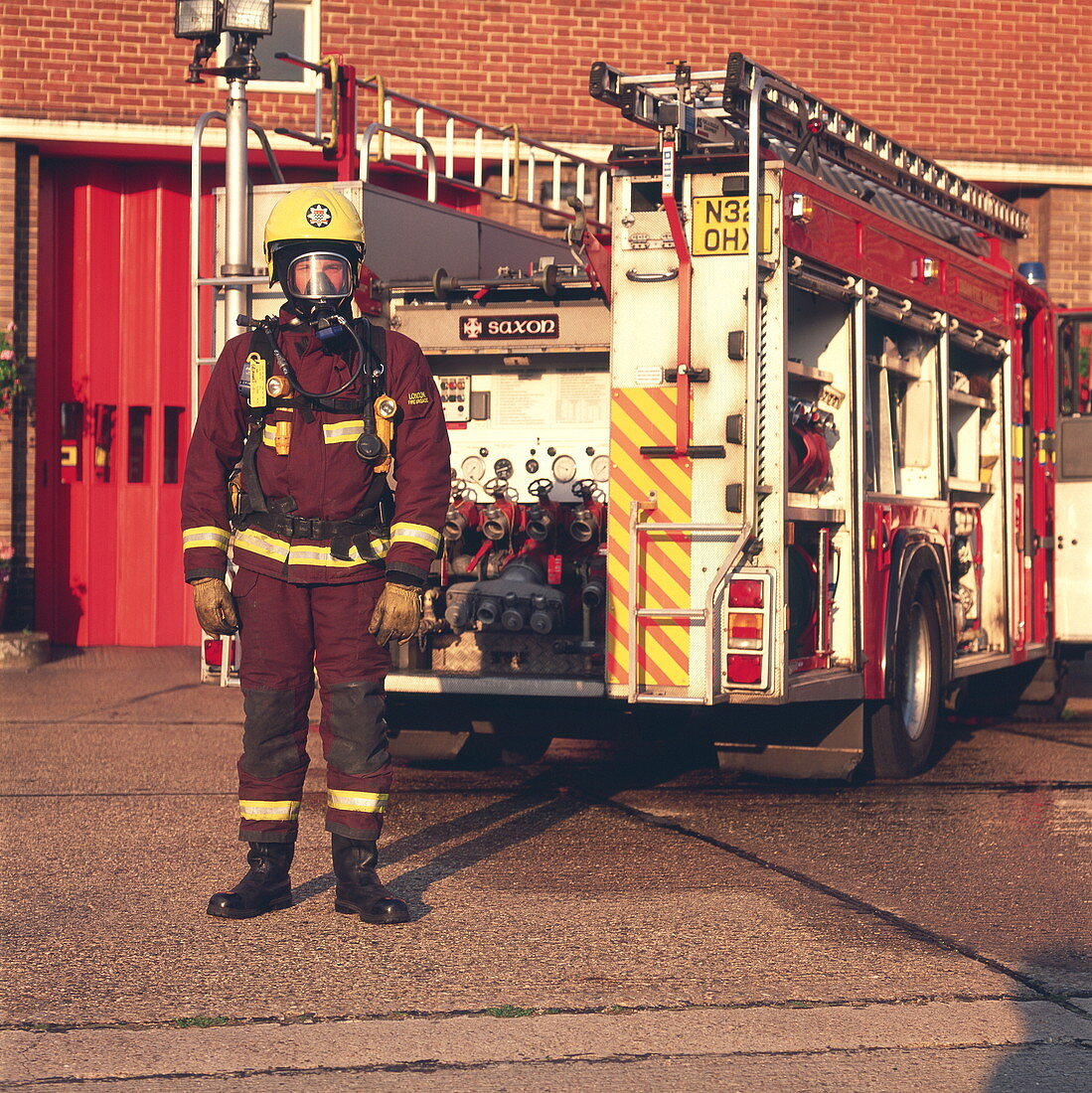 Firefighter and engine