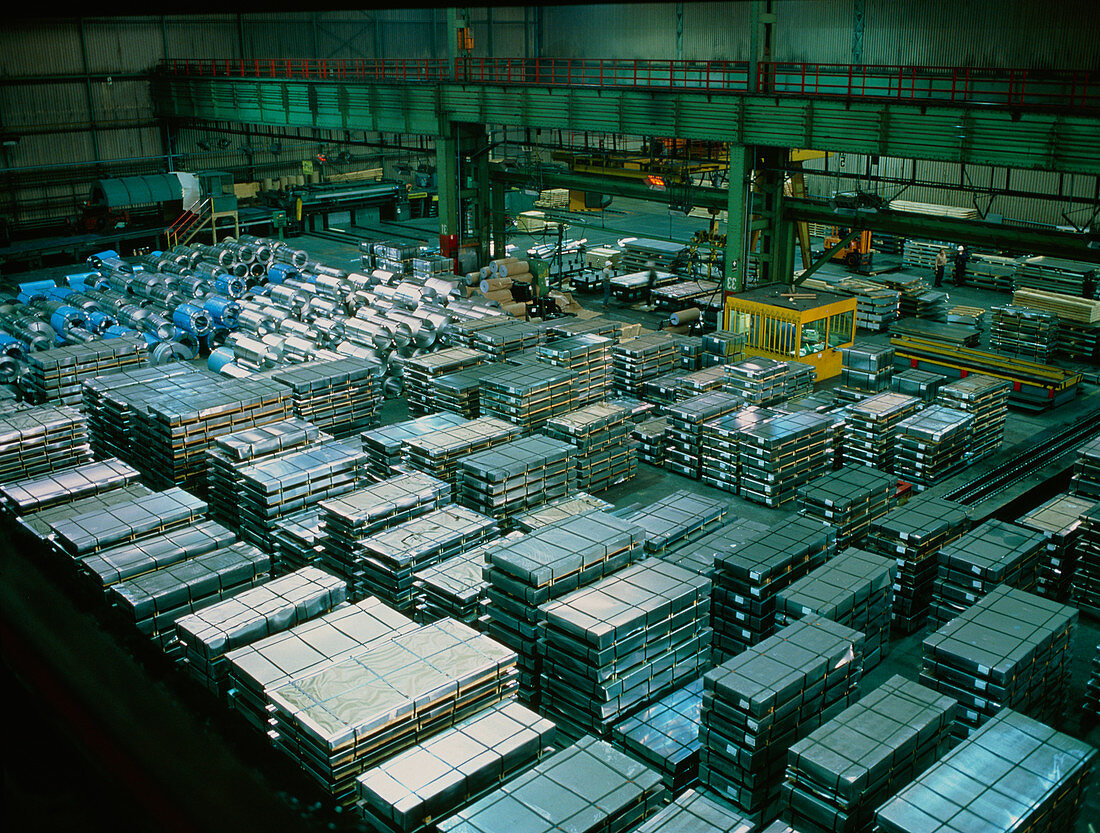 Refined sheet steel stored in a warehouse
