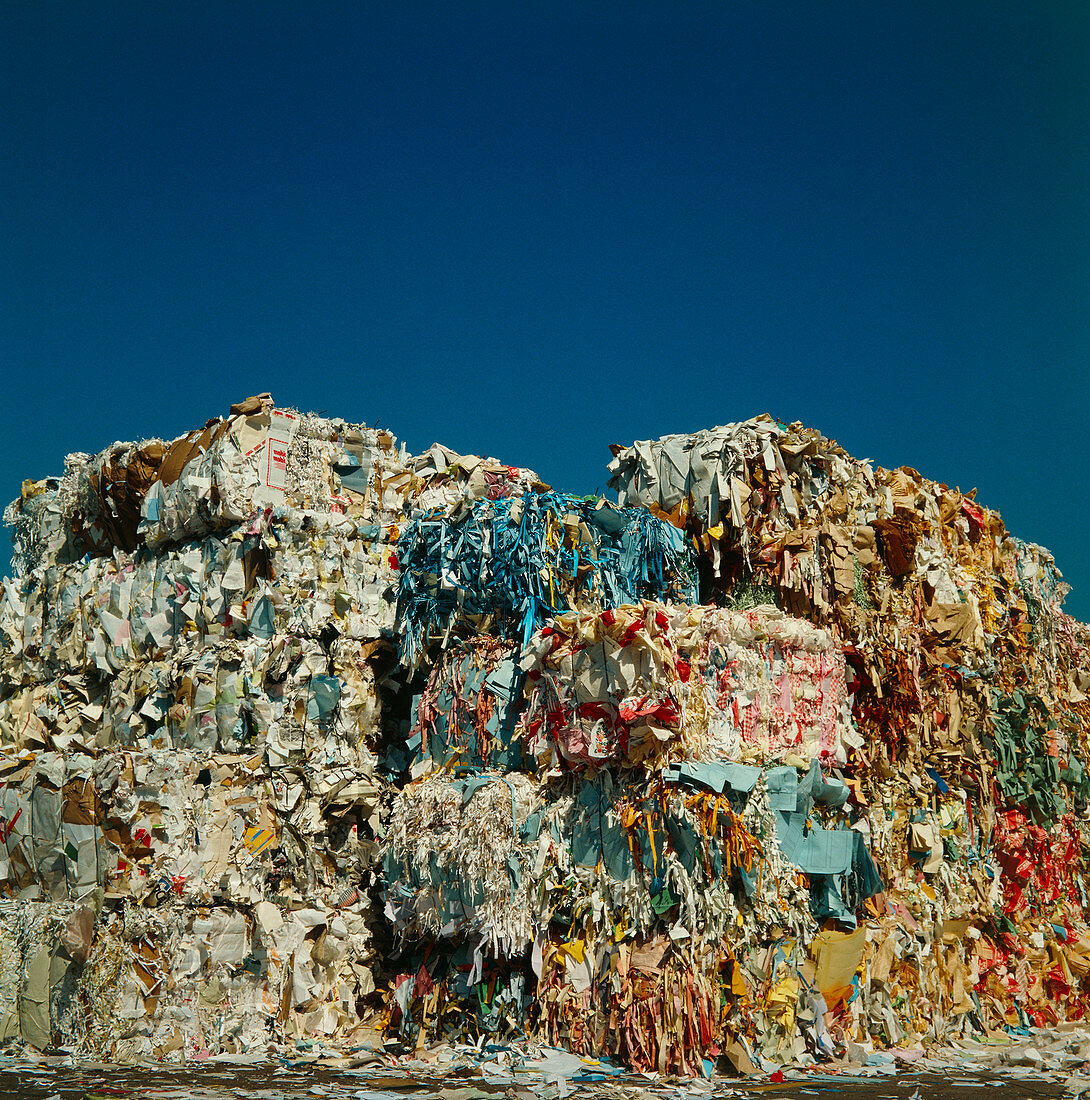 Bundles of shredded waste paper