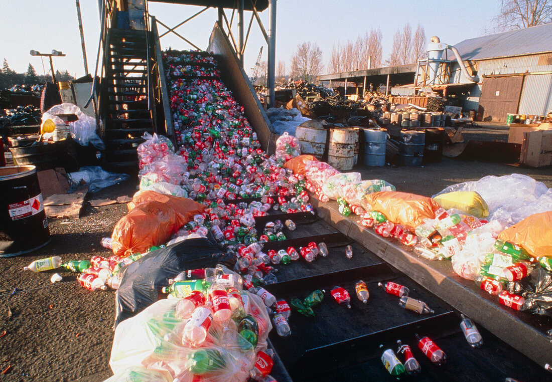 PET plastics drink bottles at recycling facility