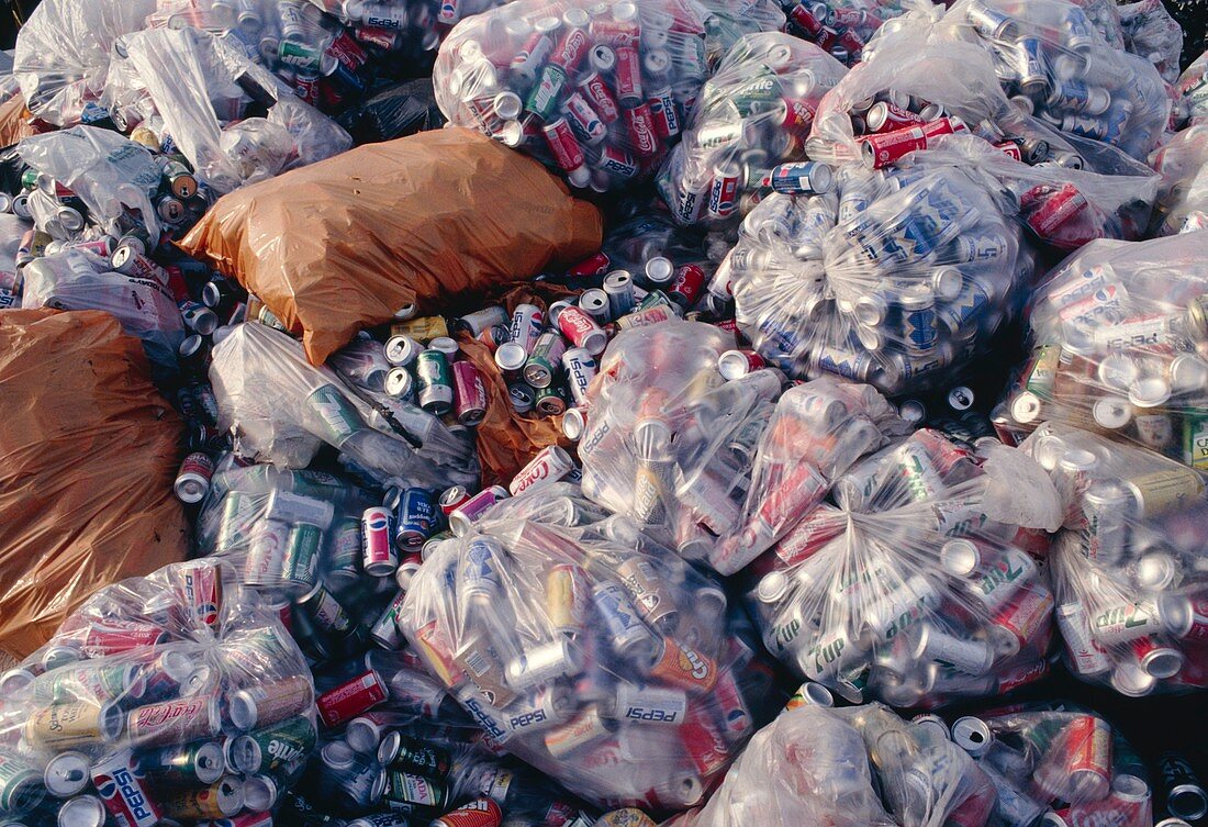 Sacks of aluminium cans awaiting recycling