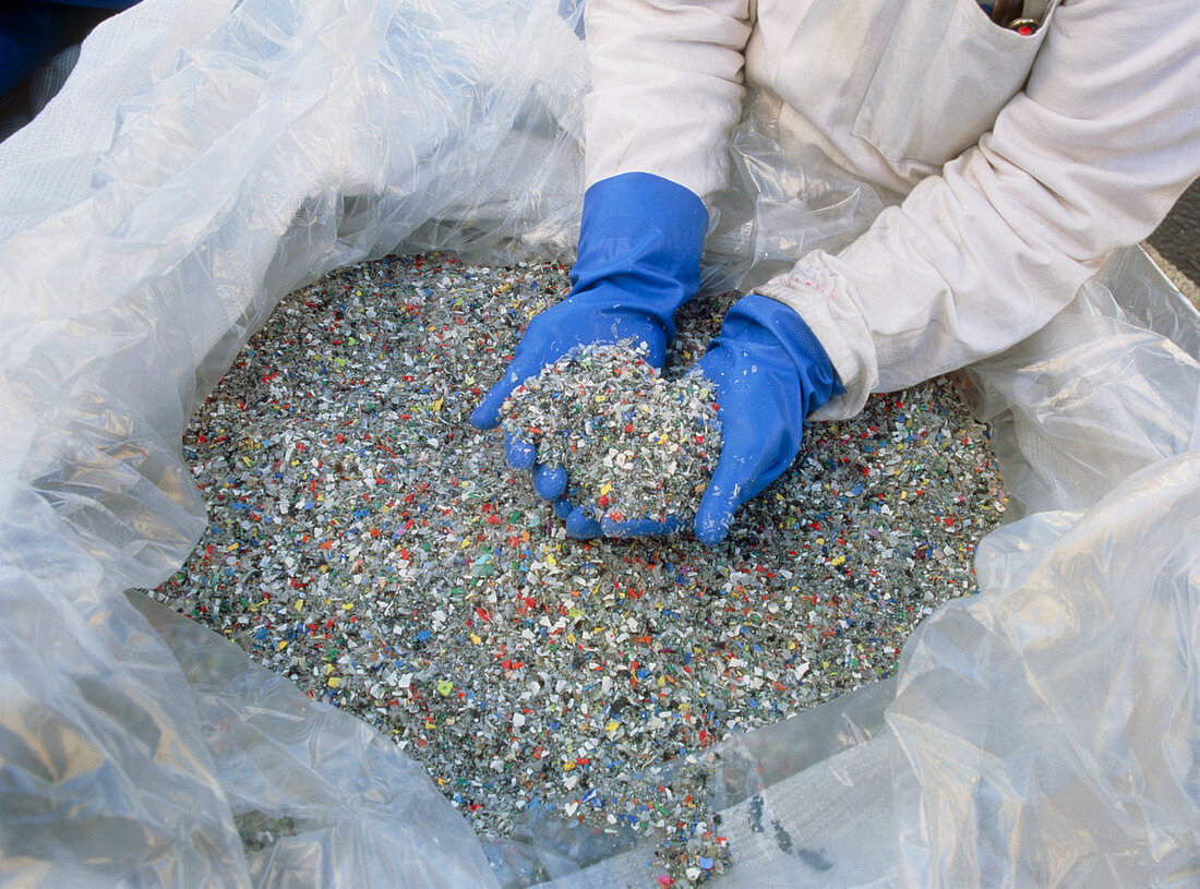 Shredded plastic waste at recycling plant