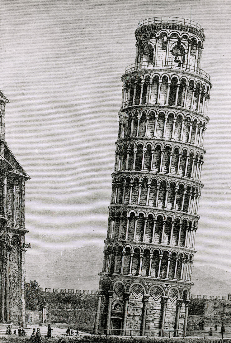 Engraving of the leaning tower of Pisa