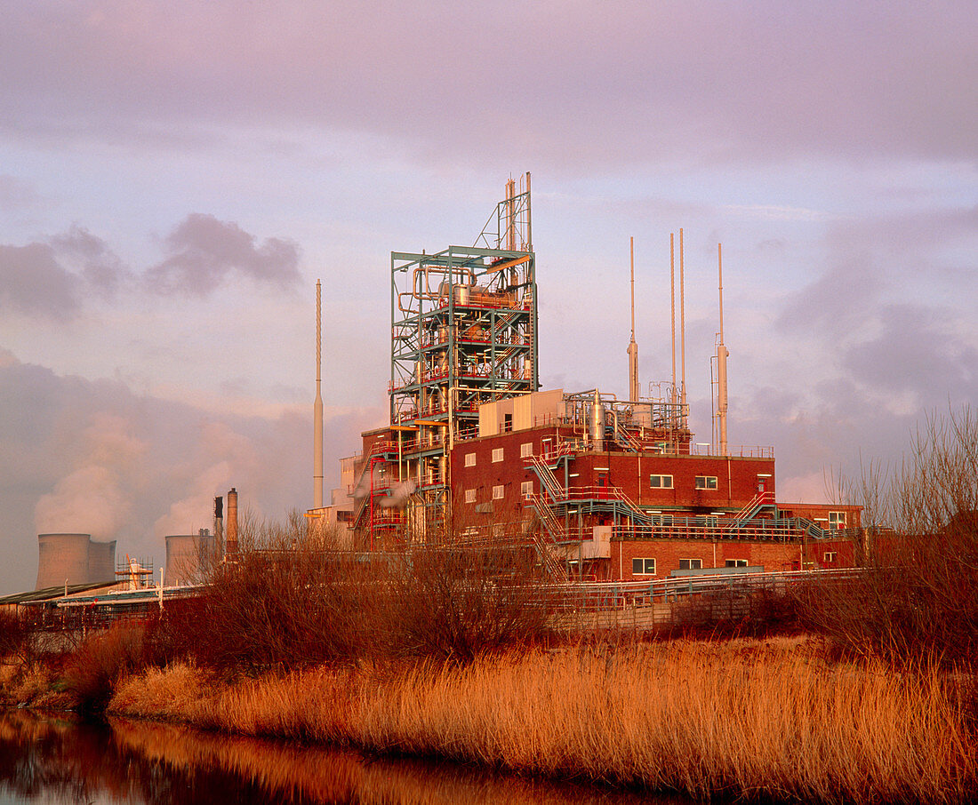 View of chemical plant at dusk,Cheshire,England