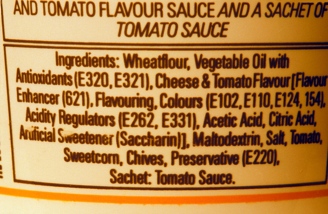 Ingredients label of pot noodles