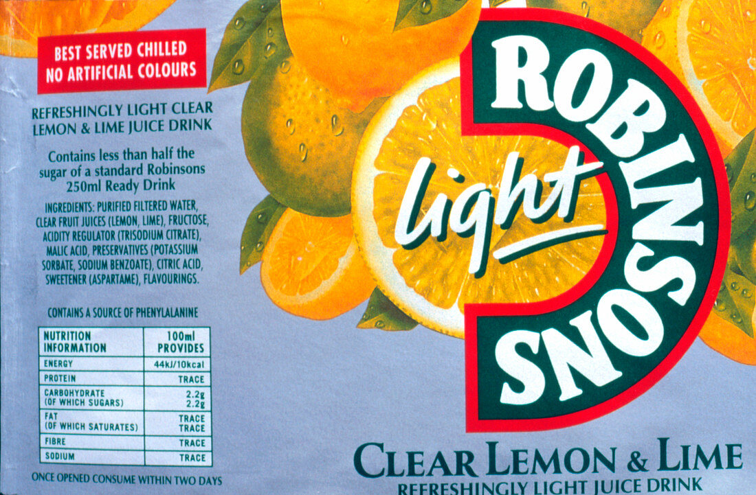 Ingredients label on bottle of lemon & lime drink