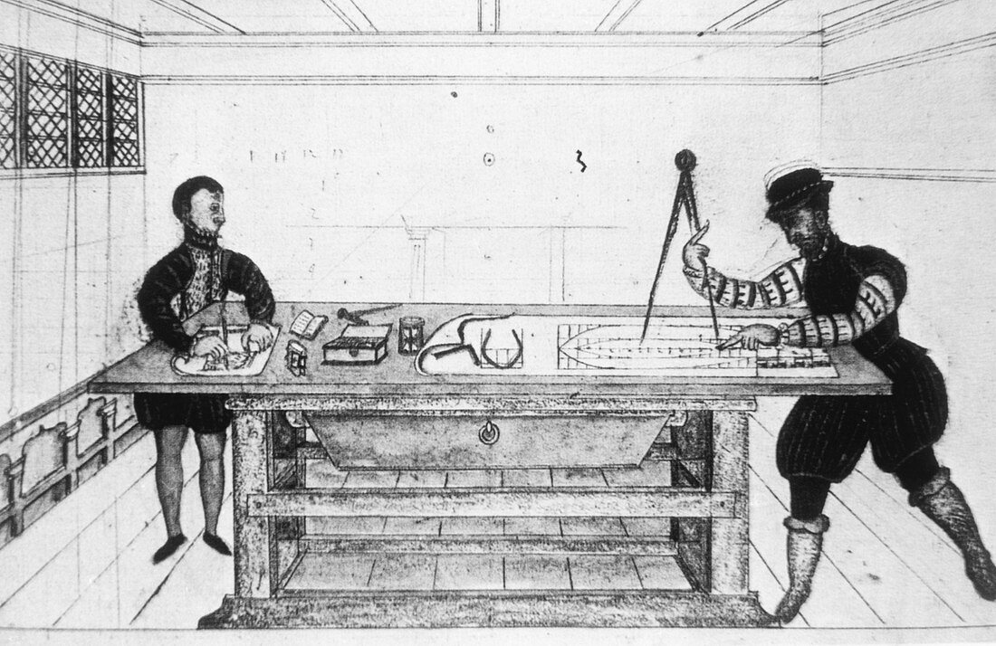 Artwork of 16th century engineers designing a ship