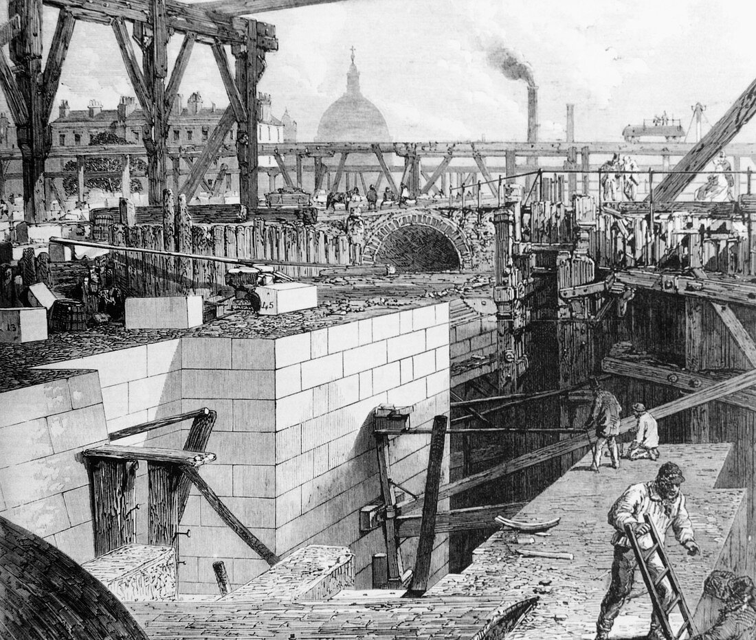Engraving of river embankment construction,1860s