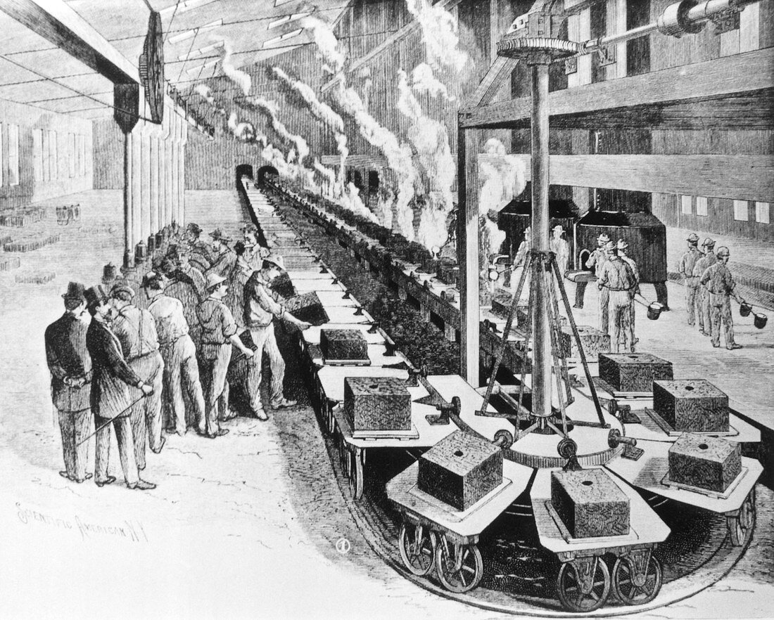 Historical engraving of an early production line