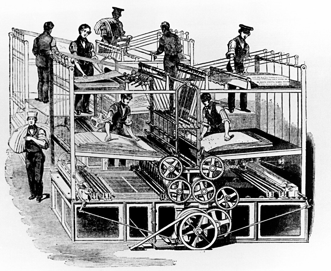 Steam-powered printing press in the 19th century