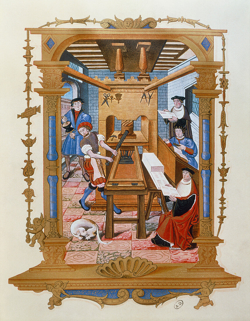 Historical artwork of 16th century printing press