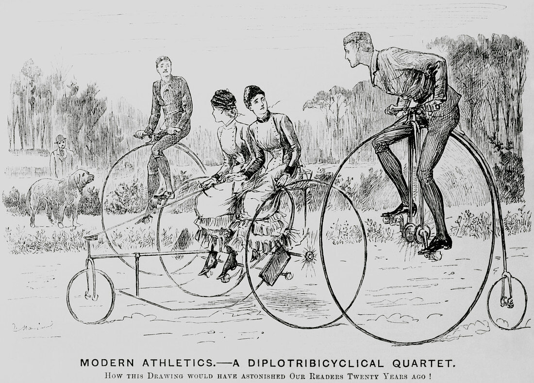 Engraving of a two bicycles and a tricycle in 1882