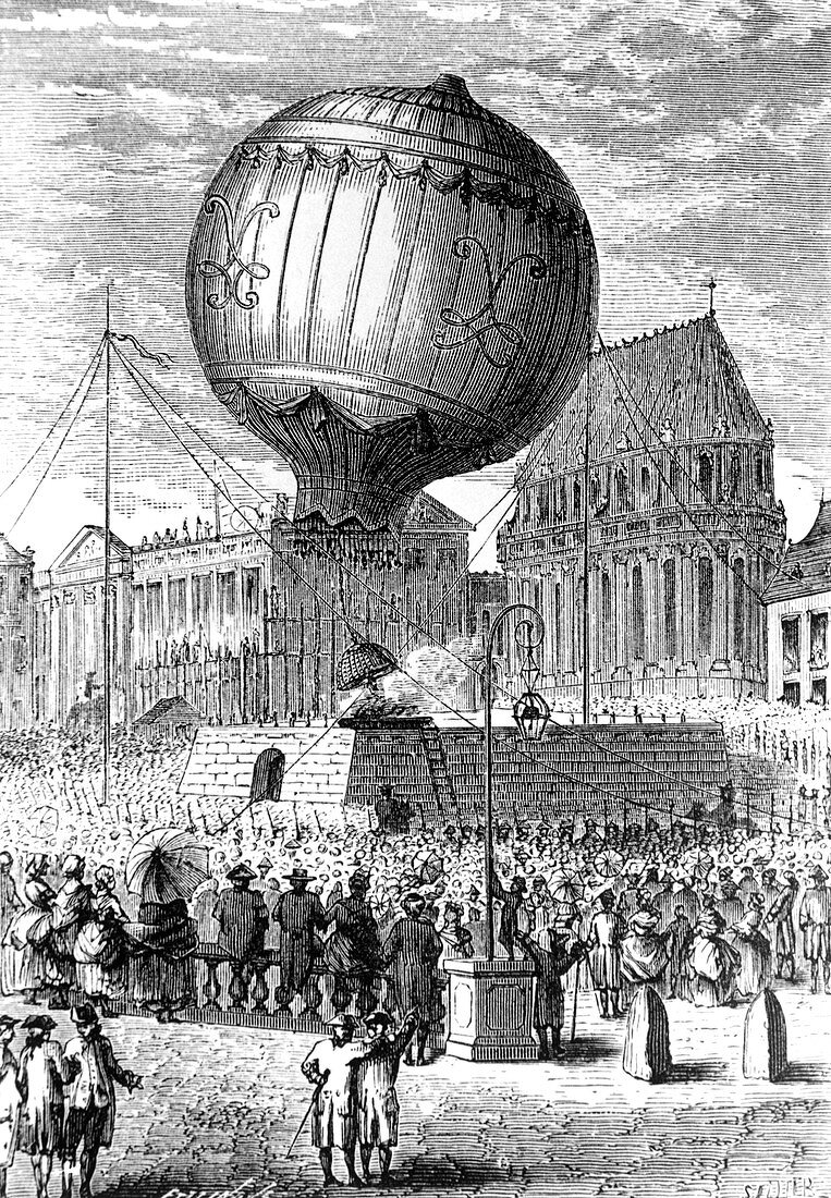 1783 engraving of Montgolfiers' balloon