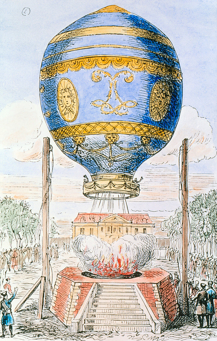 Coloured engraving of Montgolfiers' balloon ascent
