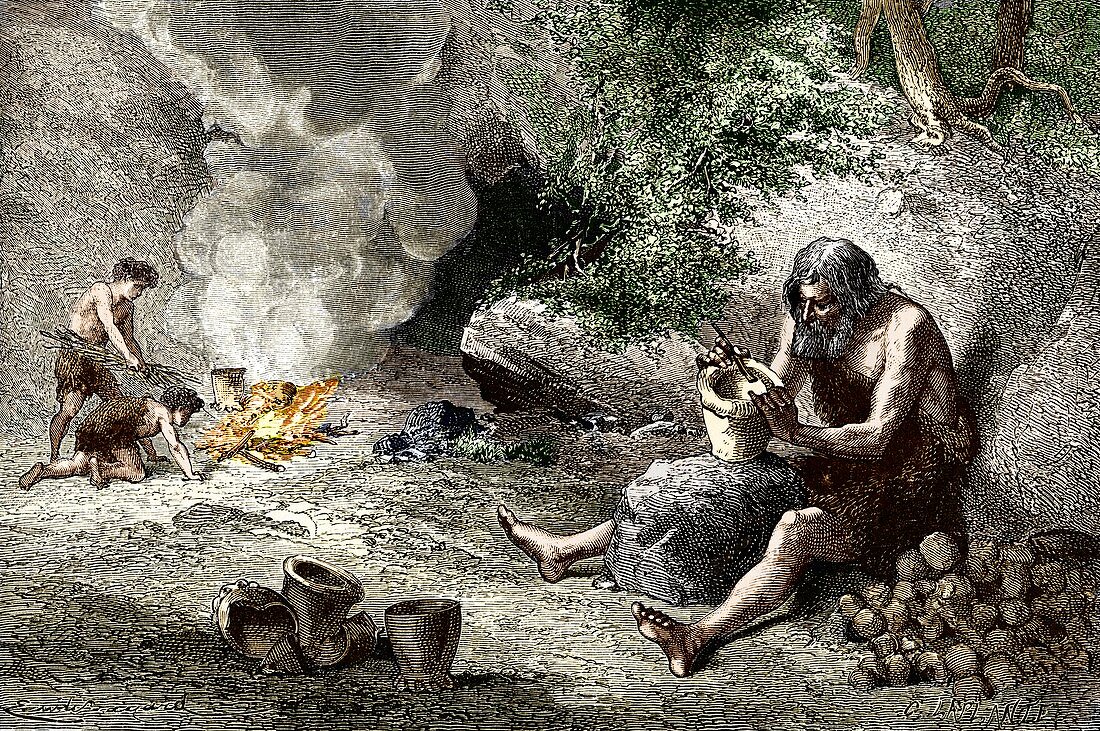 Early humans making pottery