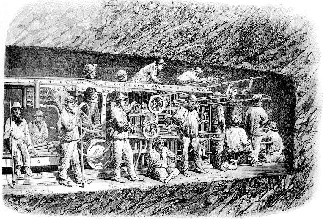 Pneumatic boring machine in use during 1869