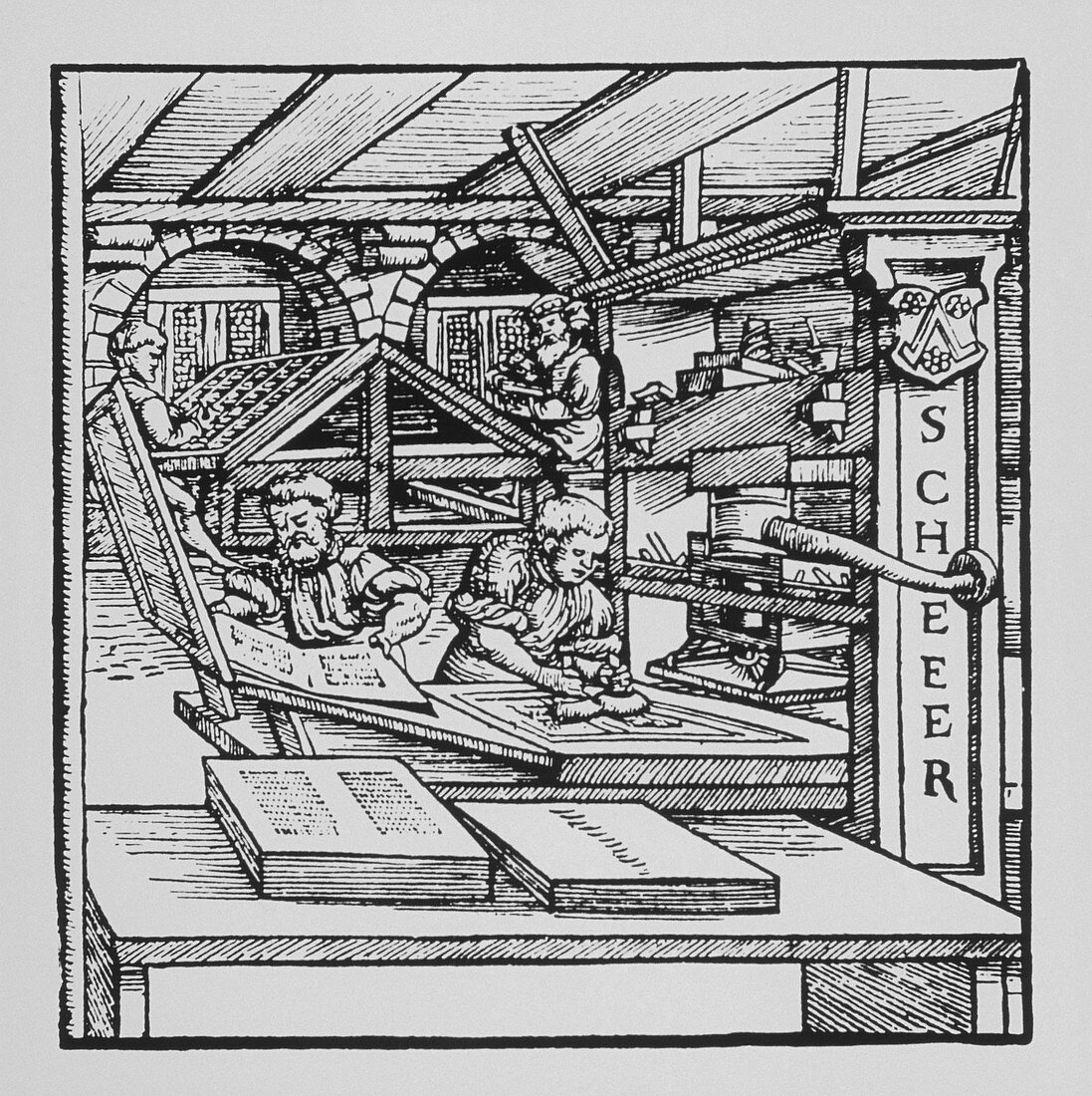 Engraving of a 16th century printing press