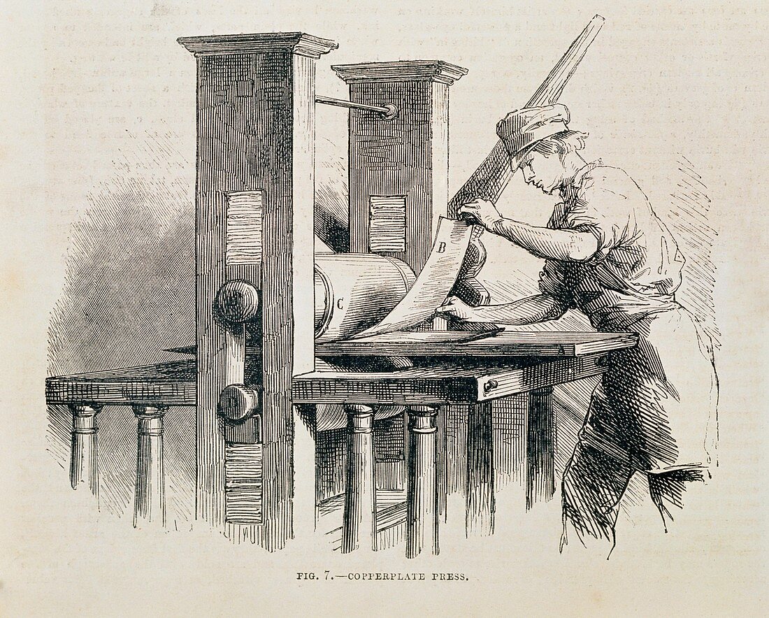 Engraving of a copperplate printing press