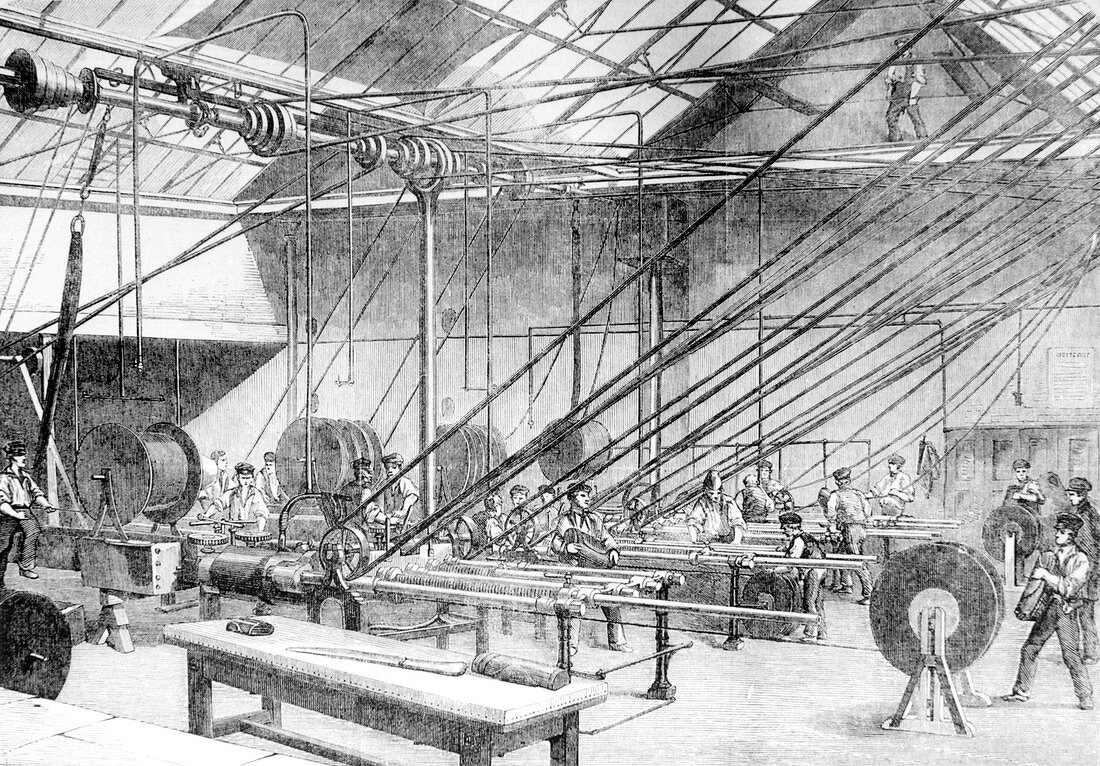 Engraving of telegraph cable manufacture,1857