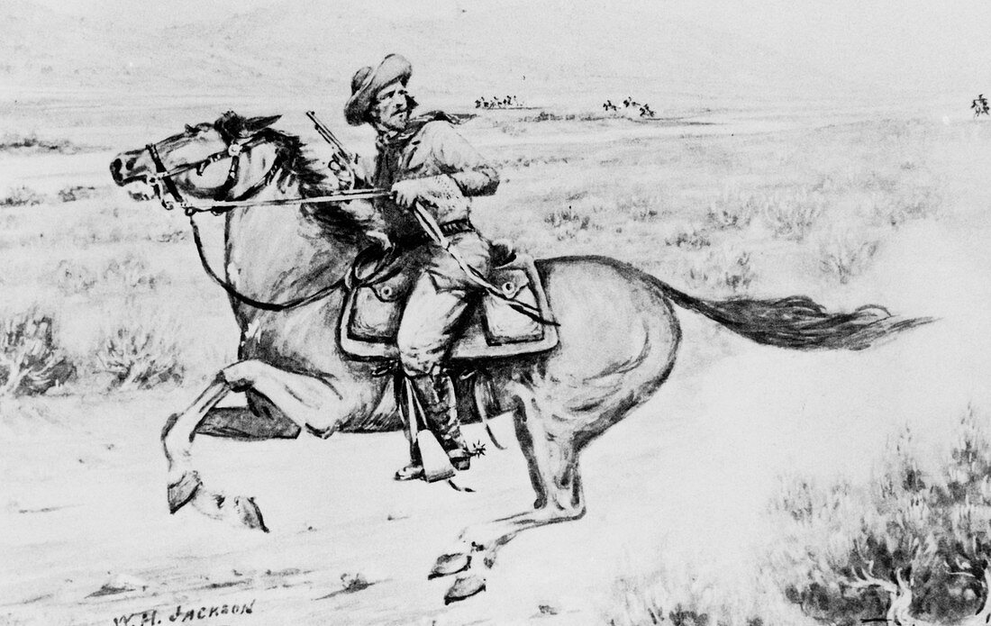Historical artwork of a Pony Express rider