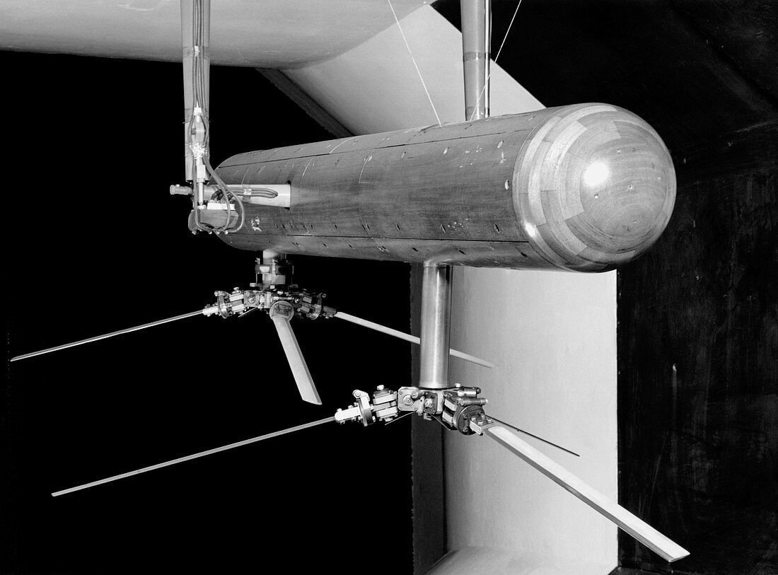 Helicopter model in a wind tunnel,1957