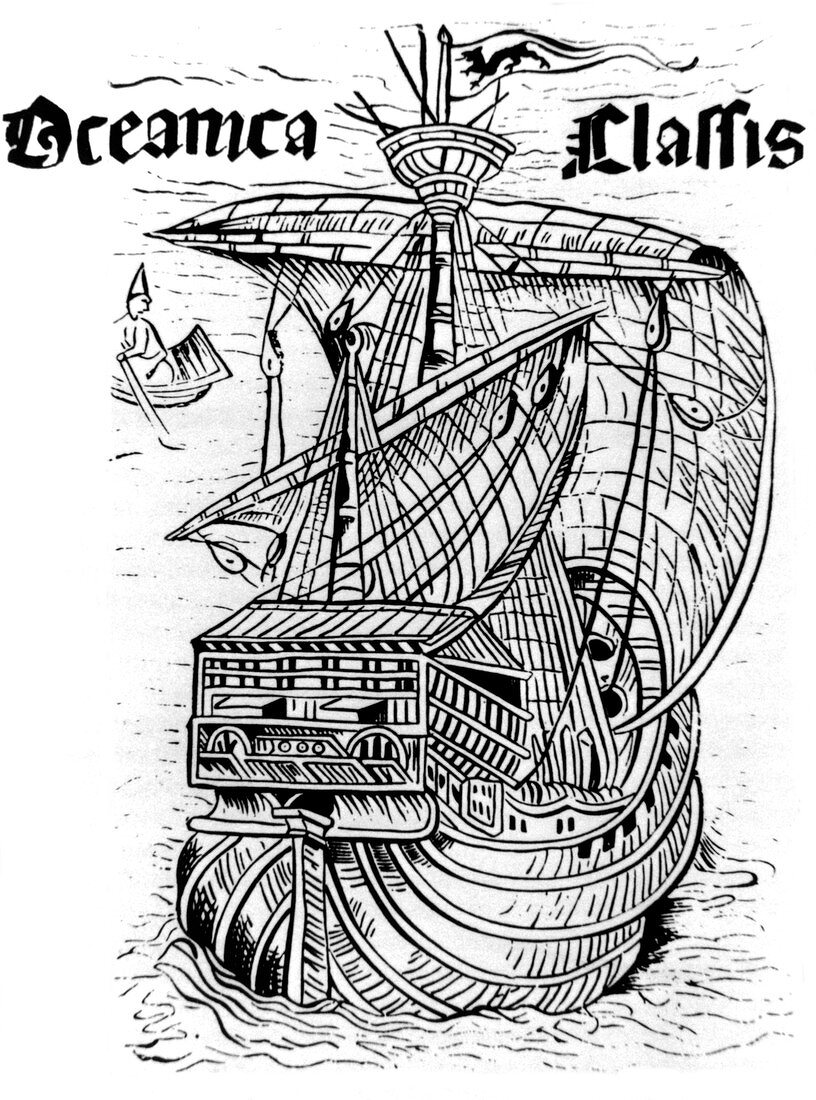 Woodcut illustration showing Columbus' ship
