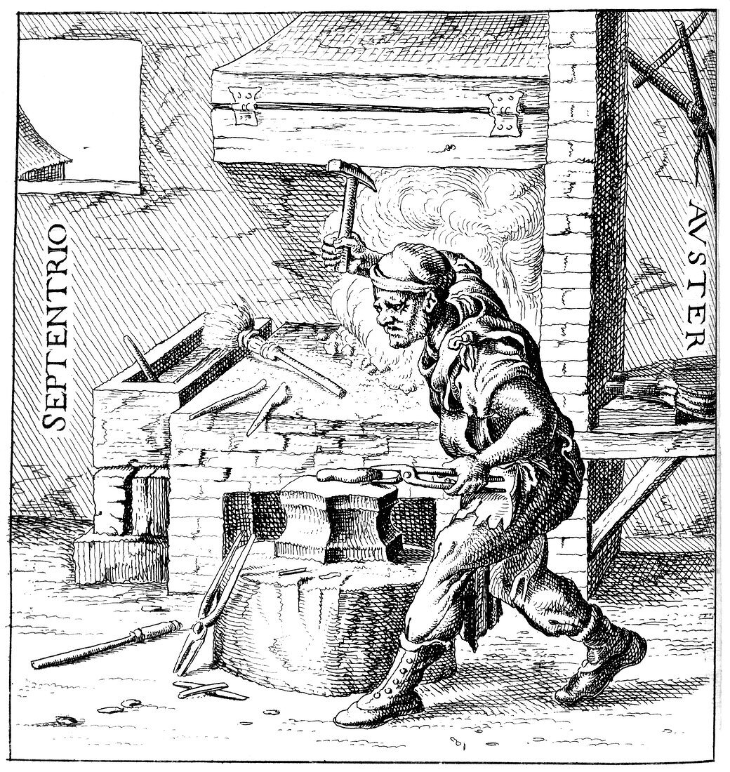 Blacksmith making a magnet,1633