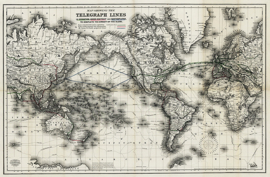 Mid 19th Century global telegraph lines