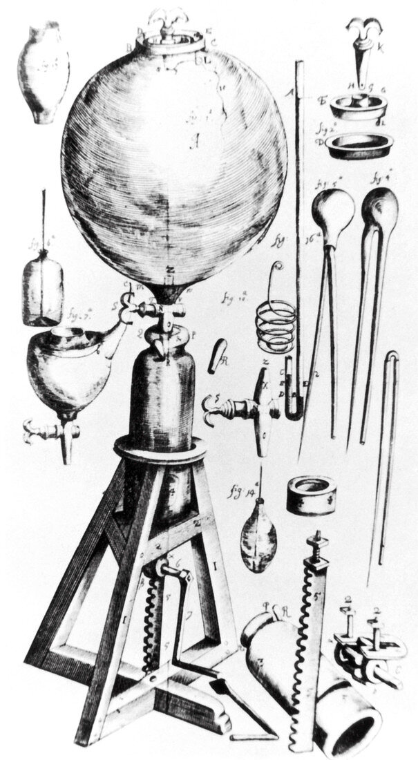 Drawing of Boyle's first air pump,1654