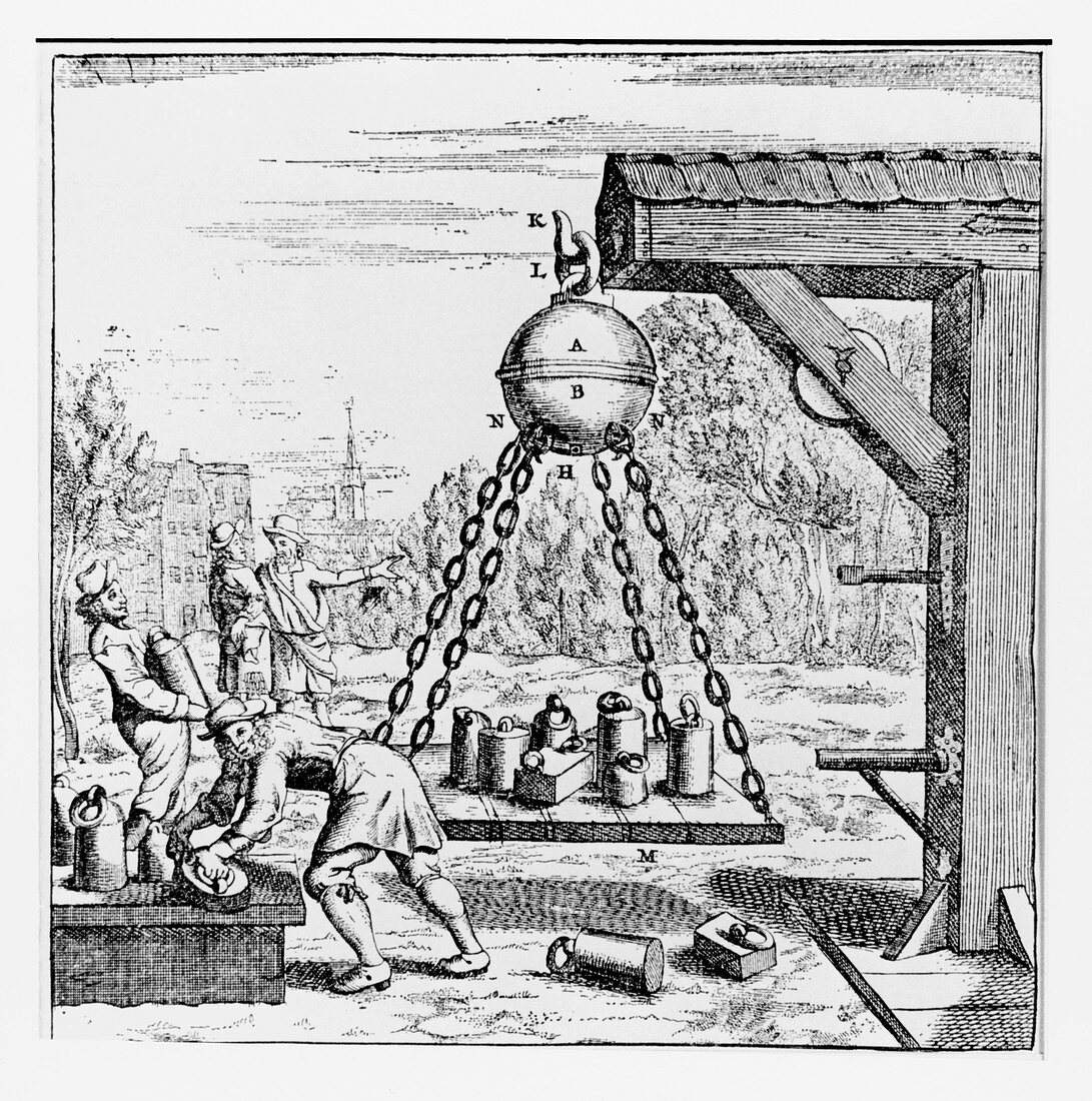 Artwork of vacuum experiment conducted by Guericke