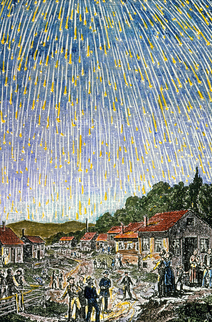 Coloured artwork of Leonid meteor shower of 1833