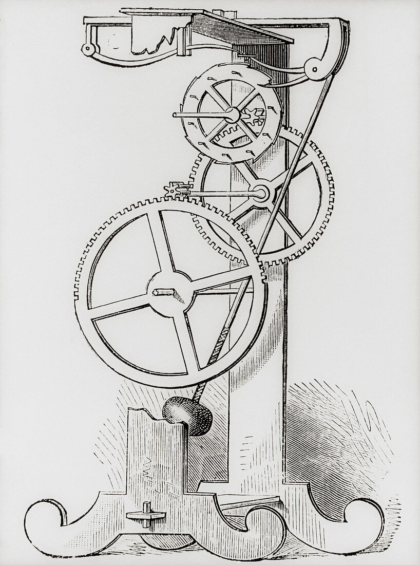 Galileo's pendulum clock (engraving,19th C)