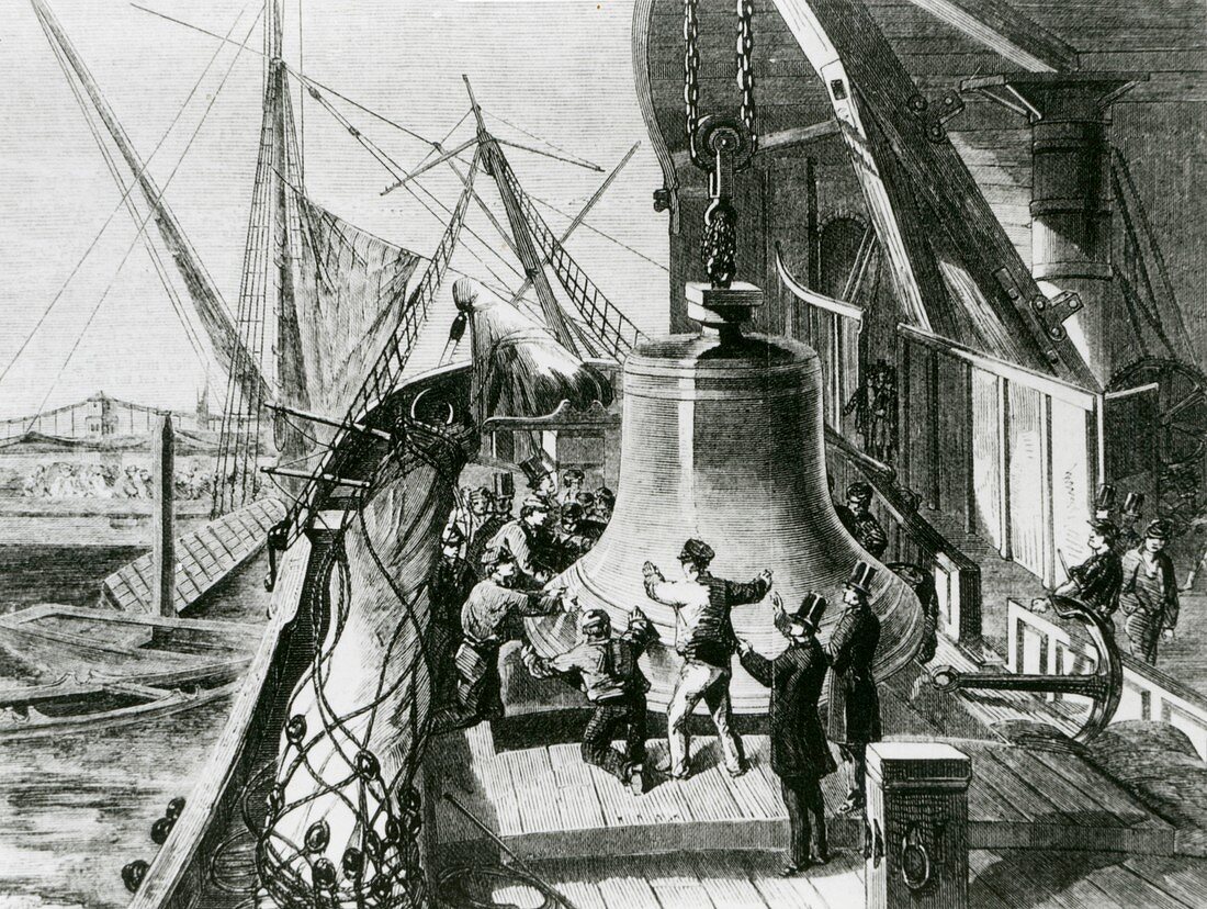 Art of large bell being unloaded,London,England