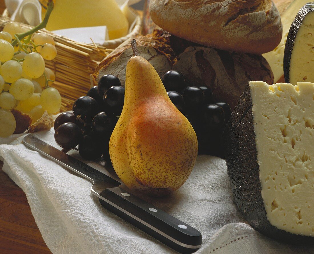 Still Life of Fruit Cheese and Bread