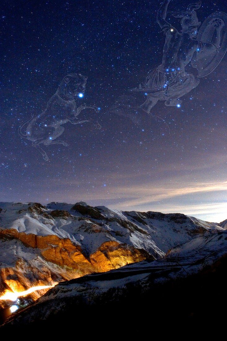 Orion and Sirius over mountains,Iran