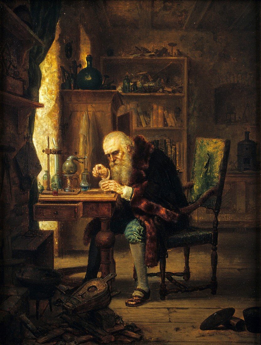 Chemist experimenting,19th century