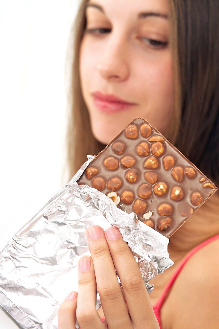 Woman eating chocolate with nuts