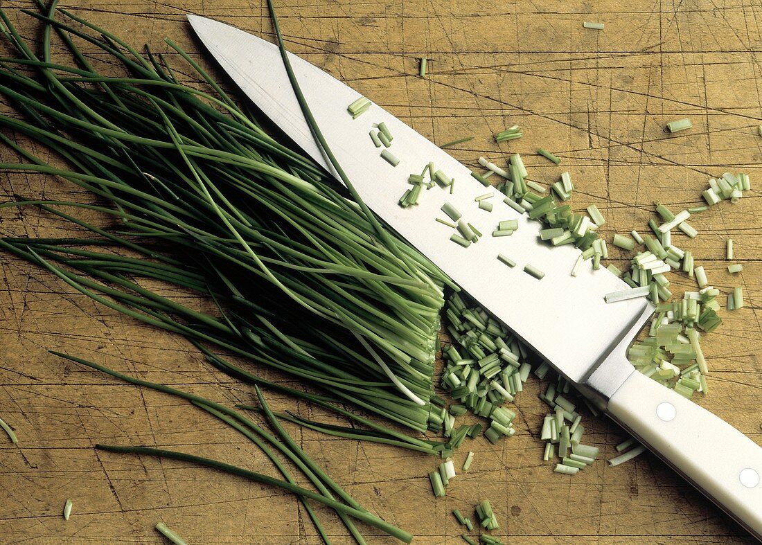 Partially Chopped Chives with a Knife