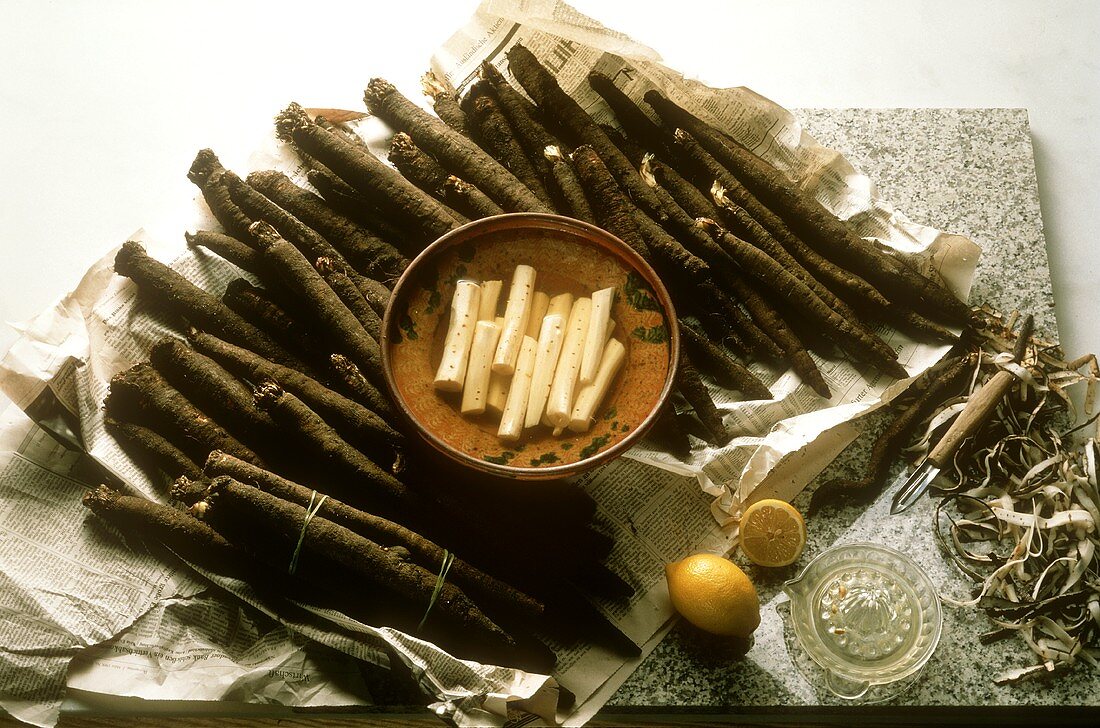 Peeled Black Salsify in a Bowl on Black Salsify