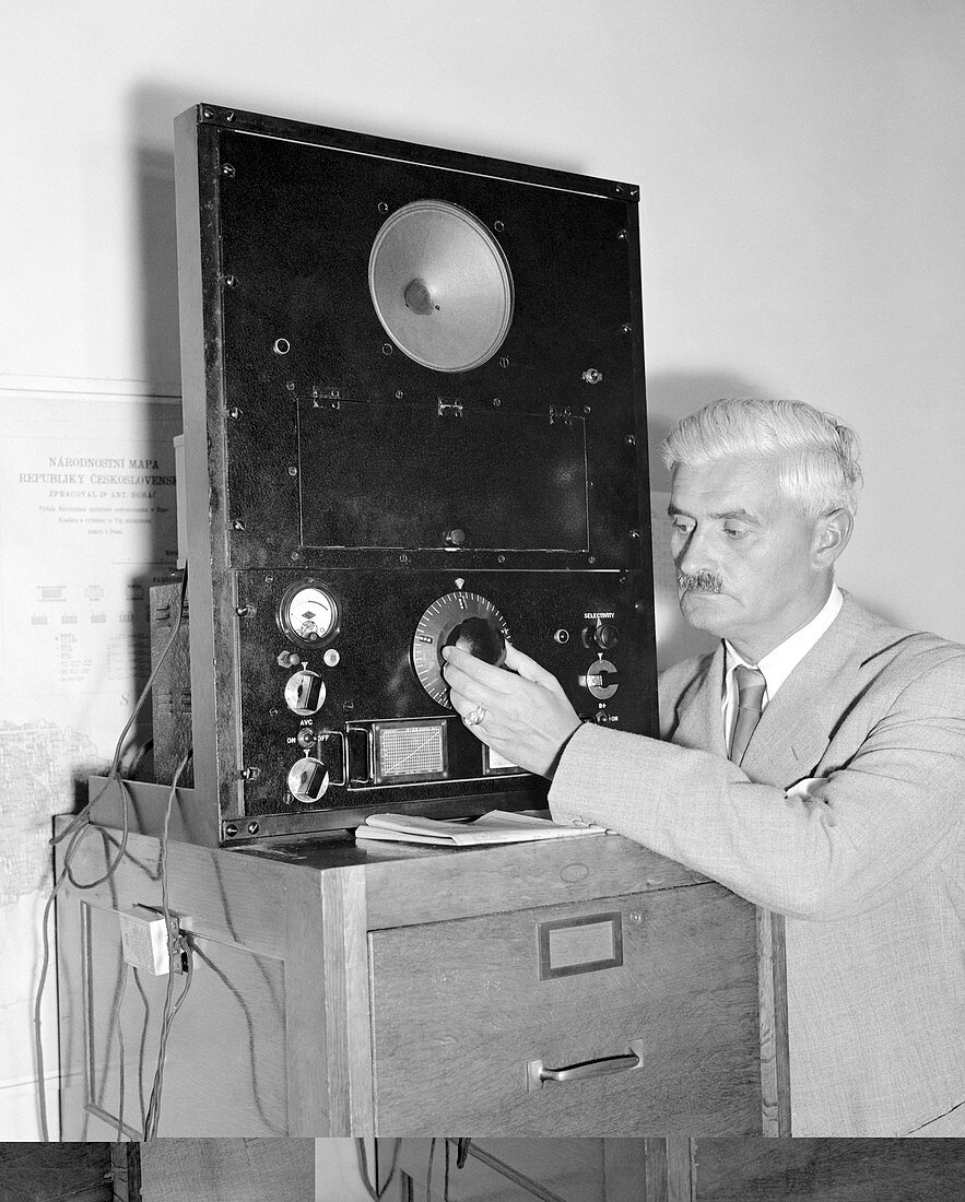 Diplomat listens to radio broadcast,1938
