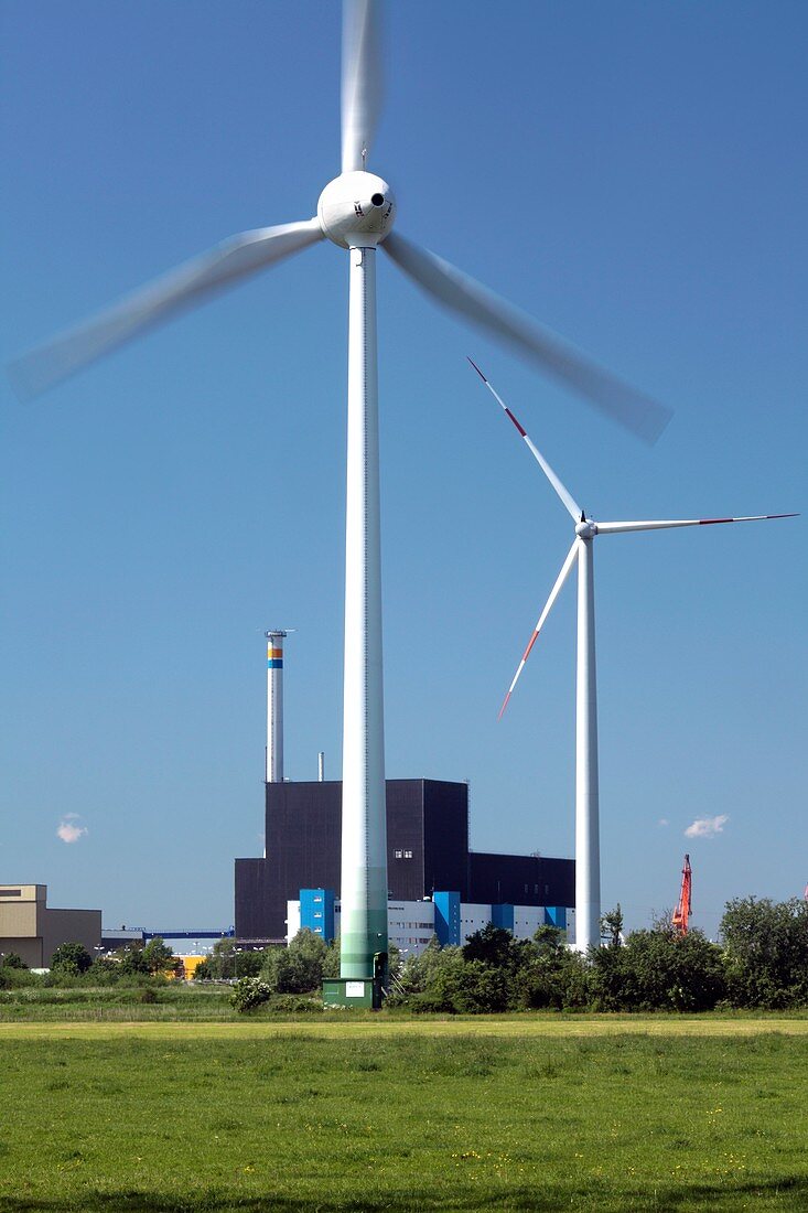 Nuclear power plant and wind turbines