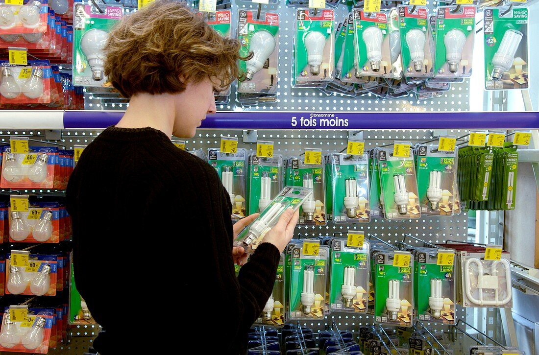 Woman buying energy saving lightbulbs