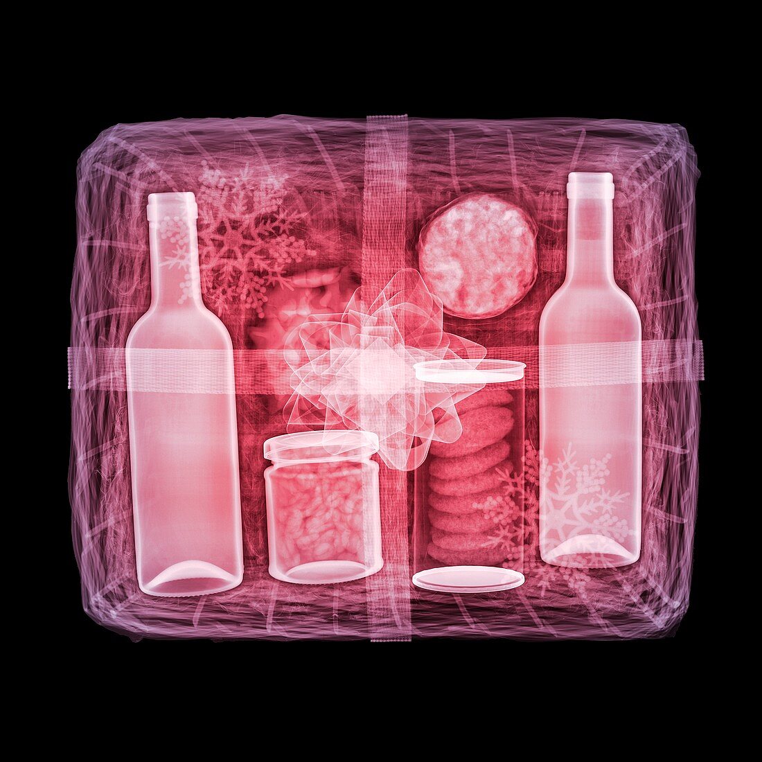 Coloured x-ray of a Christmas hamper