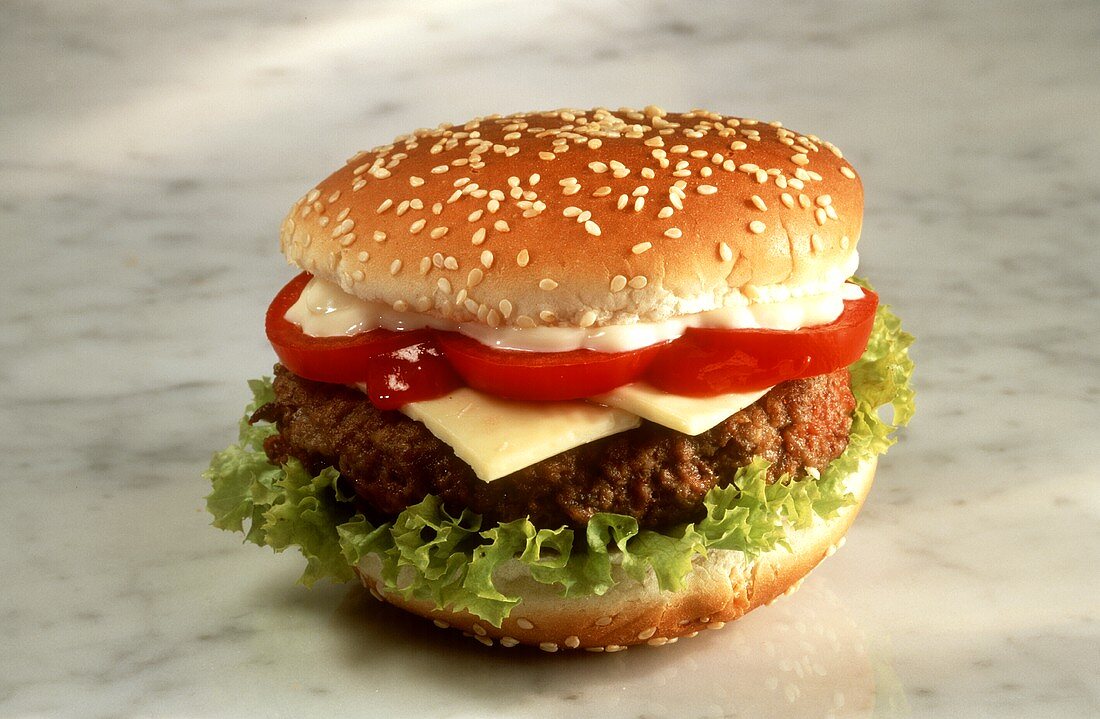 Cheeseburger with Lettuce Tomato and Mayonnaise