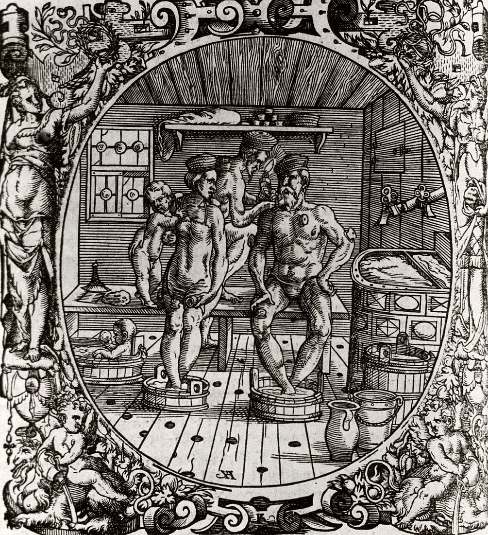 Family in a sauna,16th century artwork