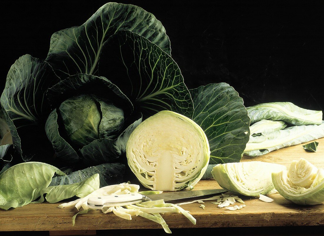 Whole Head of Cabbage and Sliced Cabbage