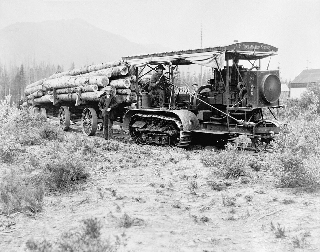 Logging with tracked tractor,1914
